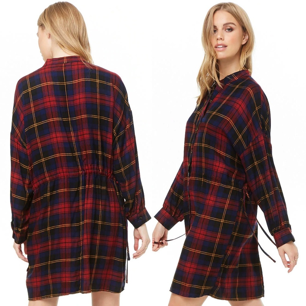 Plaid Checker Drawstring Oversize Cute Shirt Dress - Picture 2 of 8